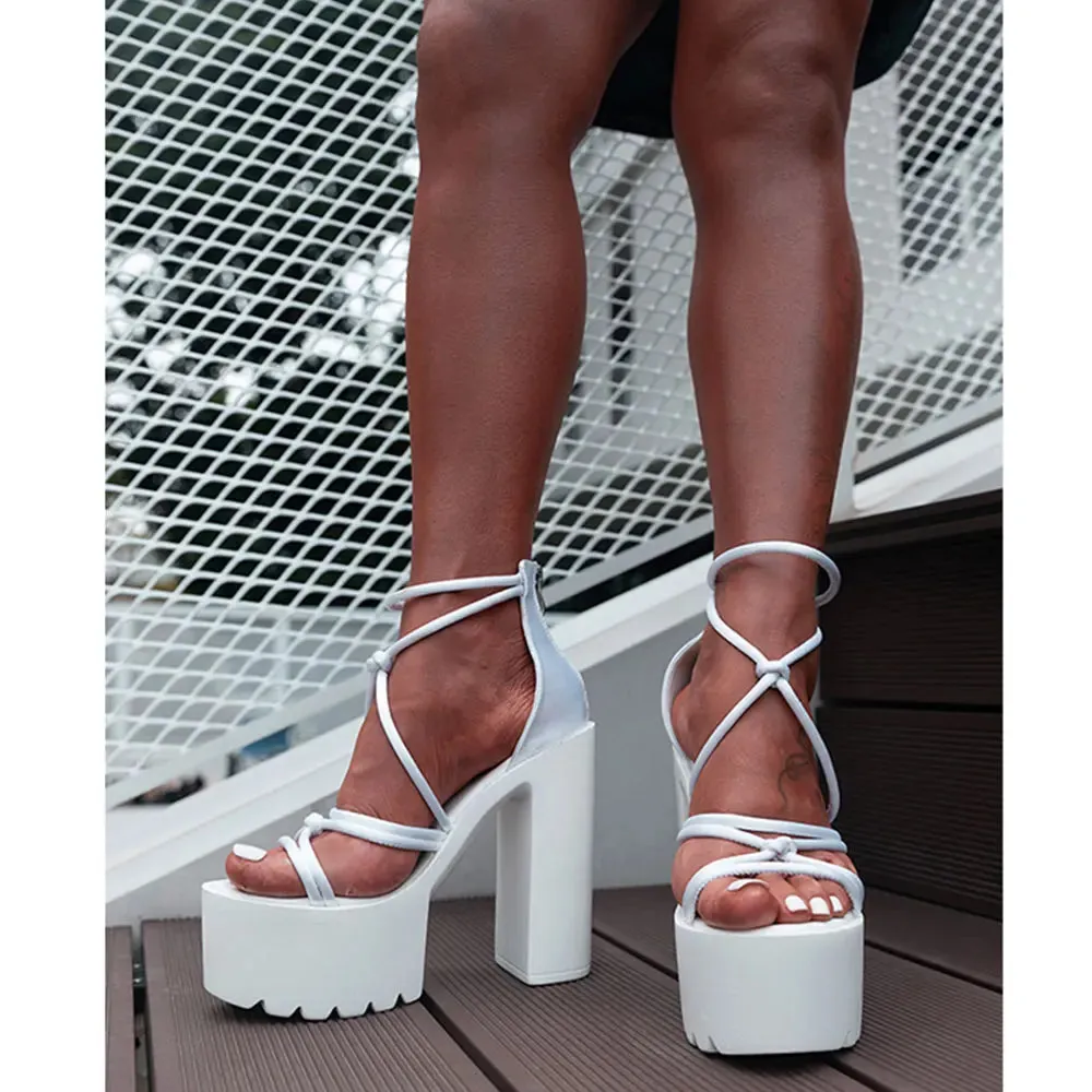 TAVIMART  -  New Black Summer 14cm High Block Heels Chunky Platform Sandals for Women White Cross-strap Shoes Big Size 43