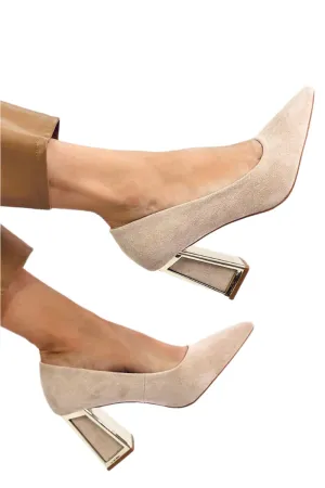 TEEK - Beige Vegan Leather Block Heel Pumps