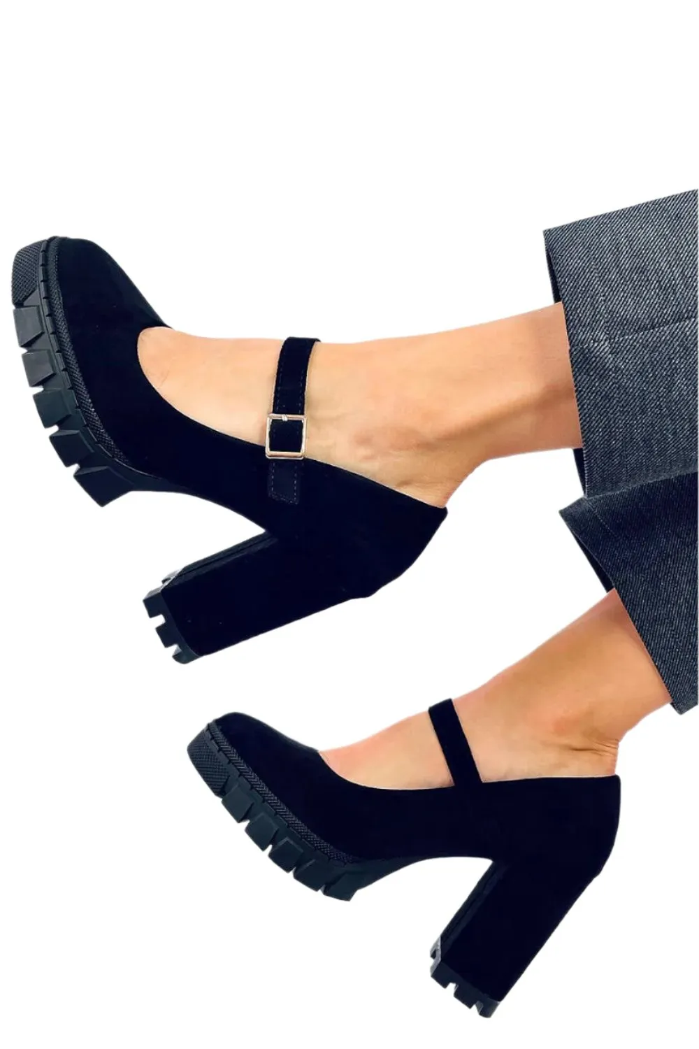 TEEK - Black Suede Touch Mary Platform Pumps