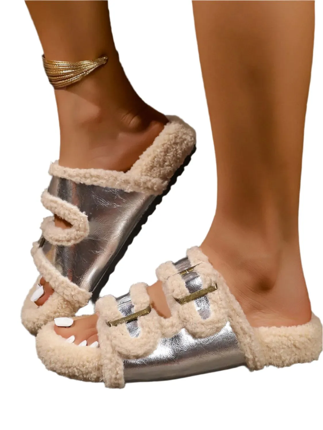 TEEK - Faux Fur Contrast Open Toe Slippers