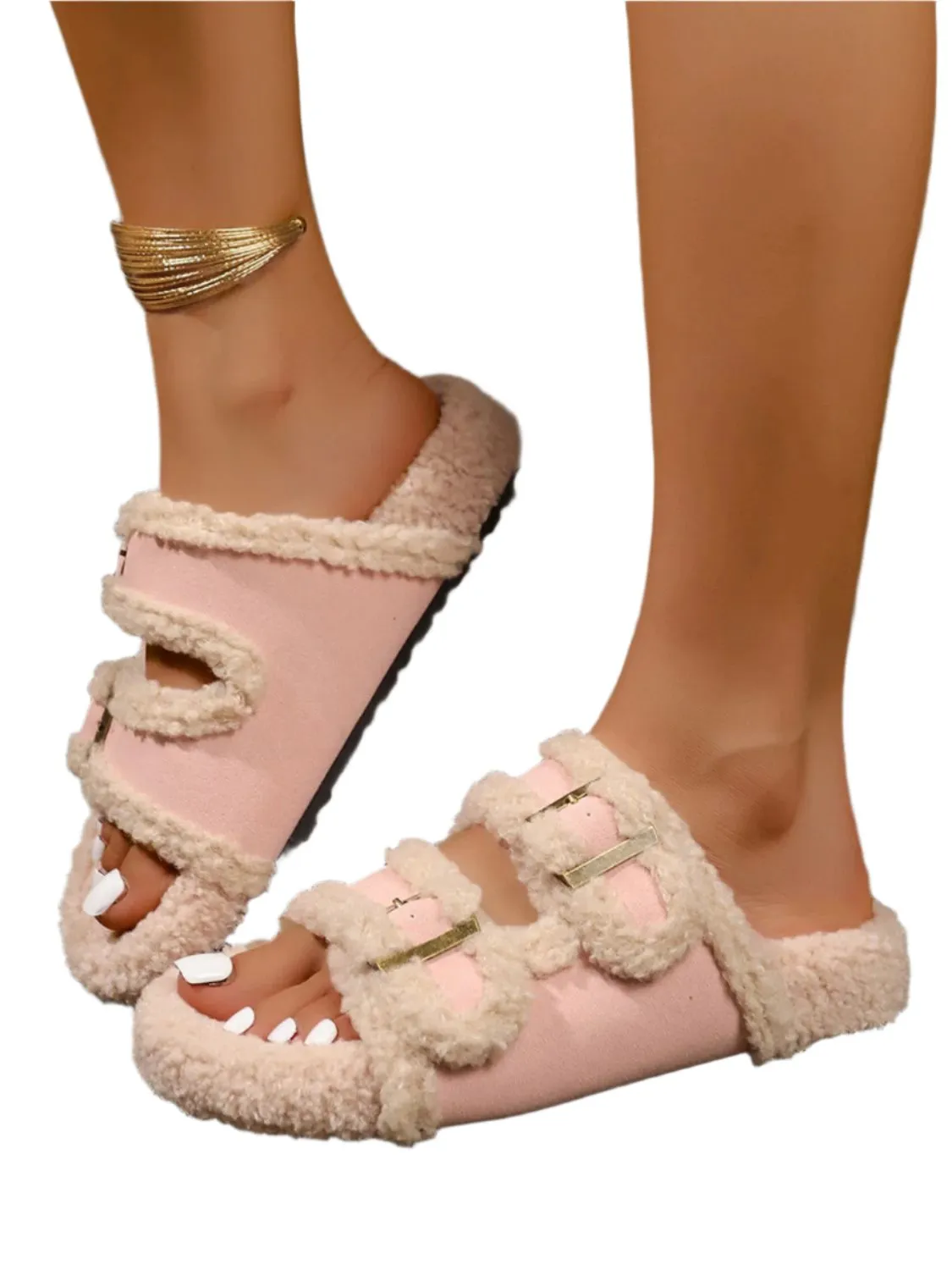 TEEK - Faux Fur Contrast Open Toe Slippers