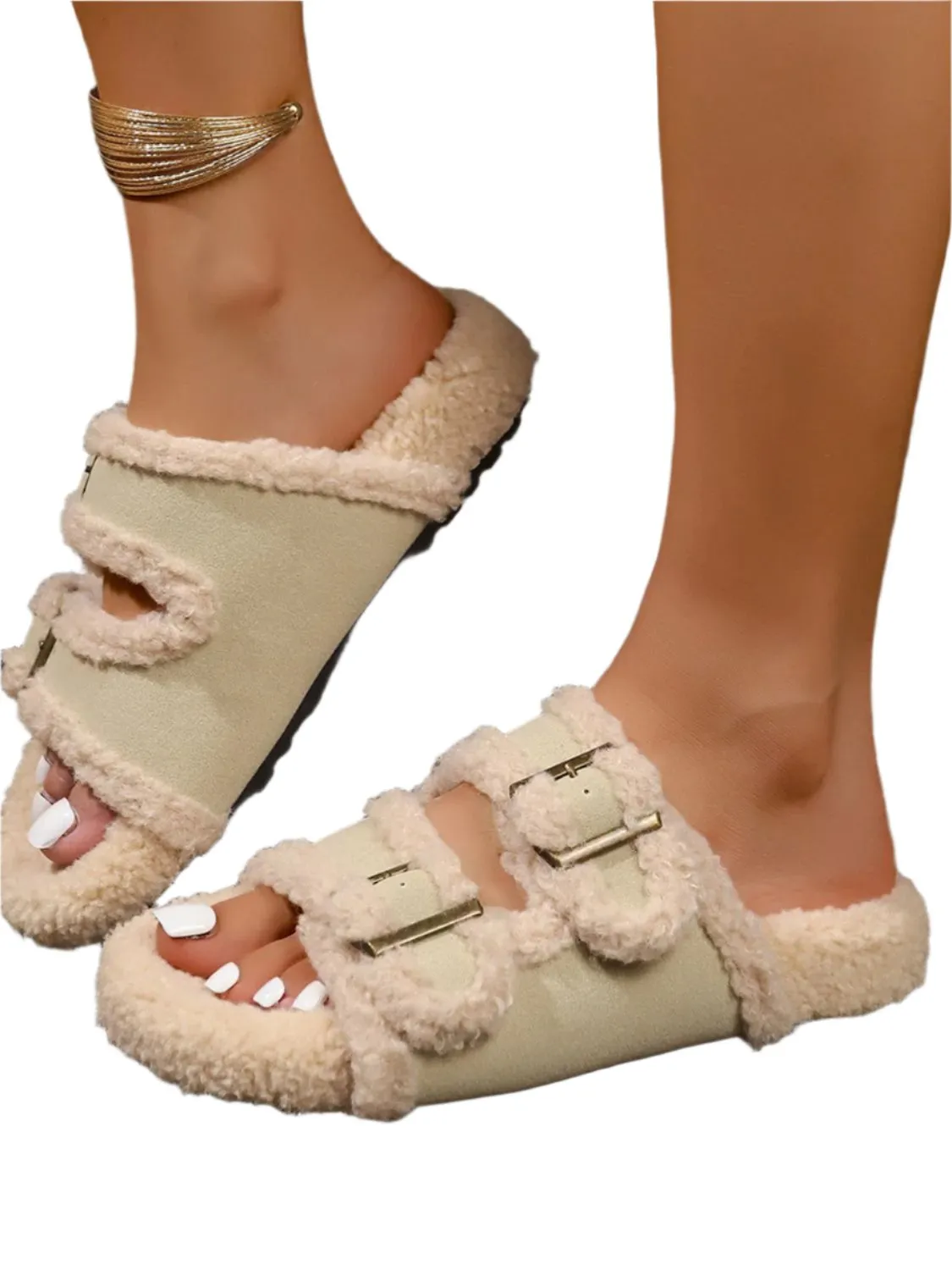 TEEK - Faux Fur Contrast Open Toe Slippers