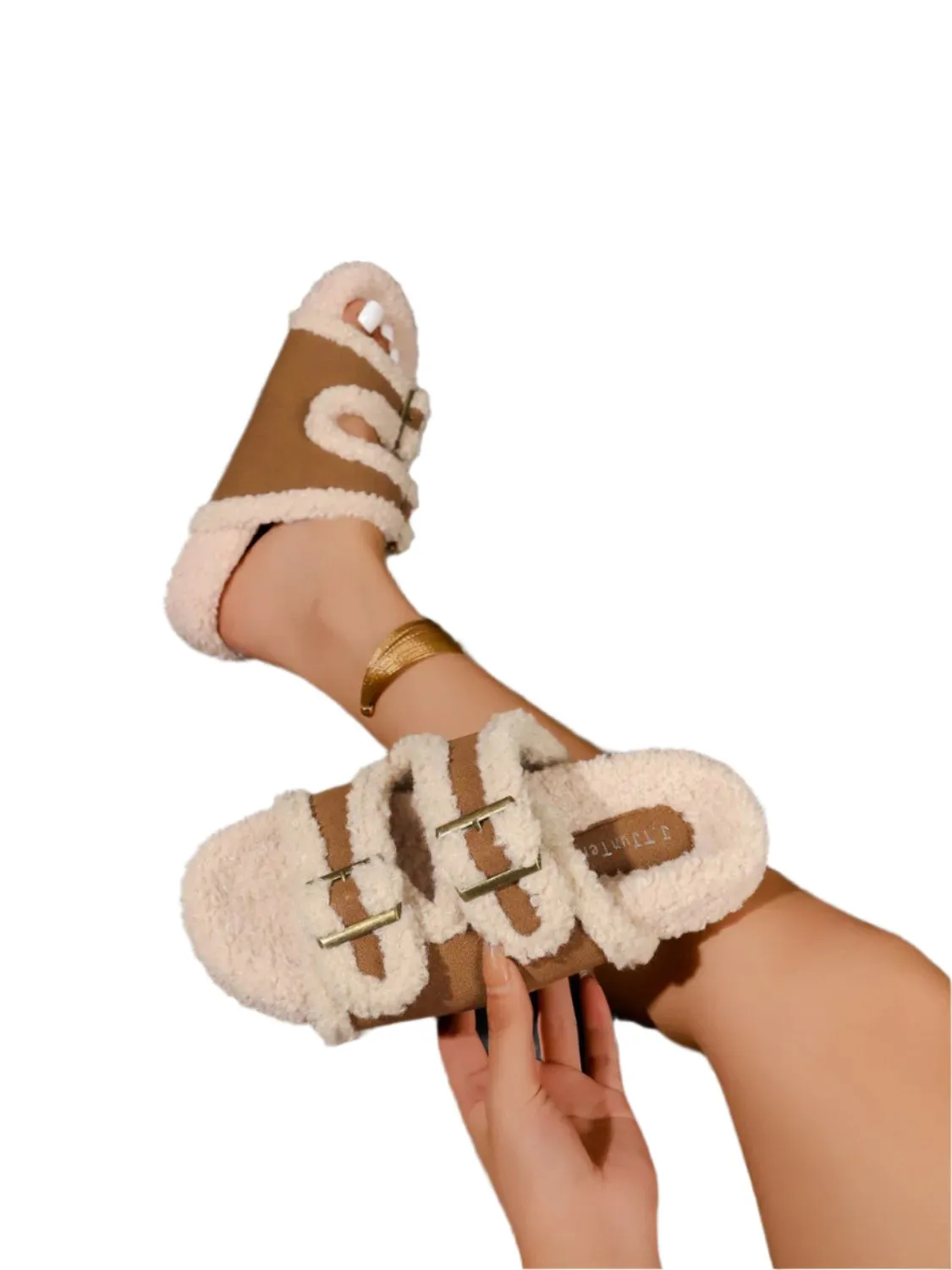 TEEK - Faux Fur Contrast Open Toe Slippers