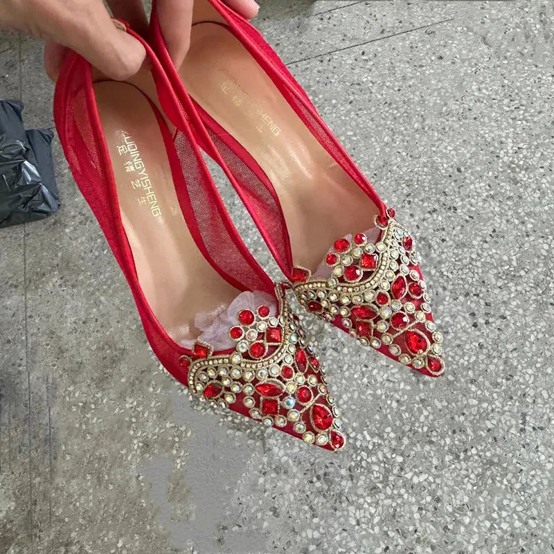 TEEK - Red Bejeweled Mesh Mentioned High Heels