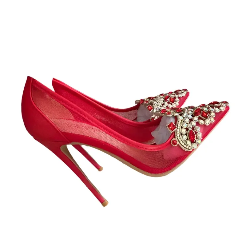 TEEK - Red Bejeweled Mesh Mentioned High Heels