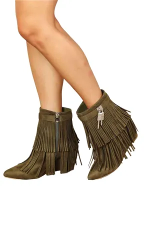 TEEK - Tassel Wedge Heel Ankle Booties | Olive