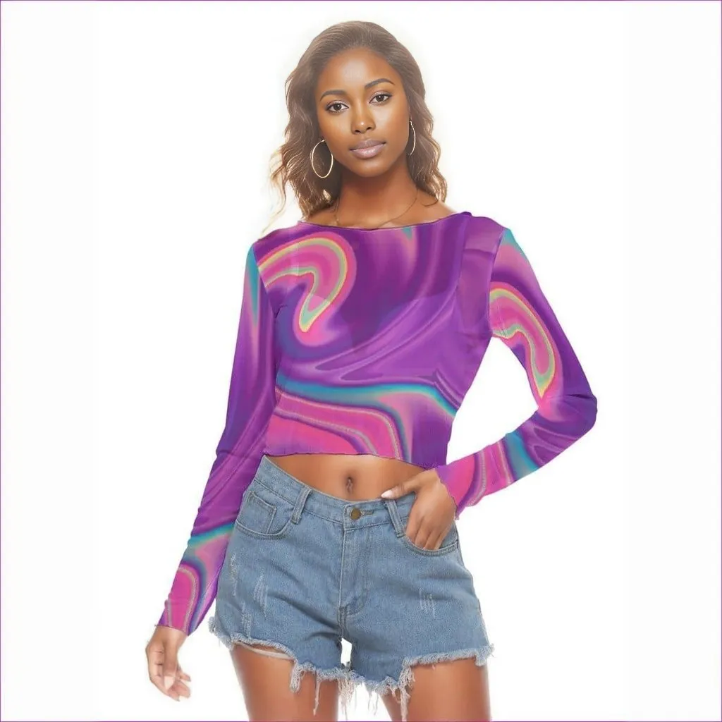 Tie-Dye Lady's Sheer Mesh Long Sleeve Crop Top