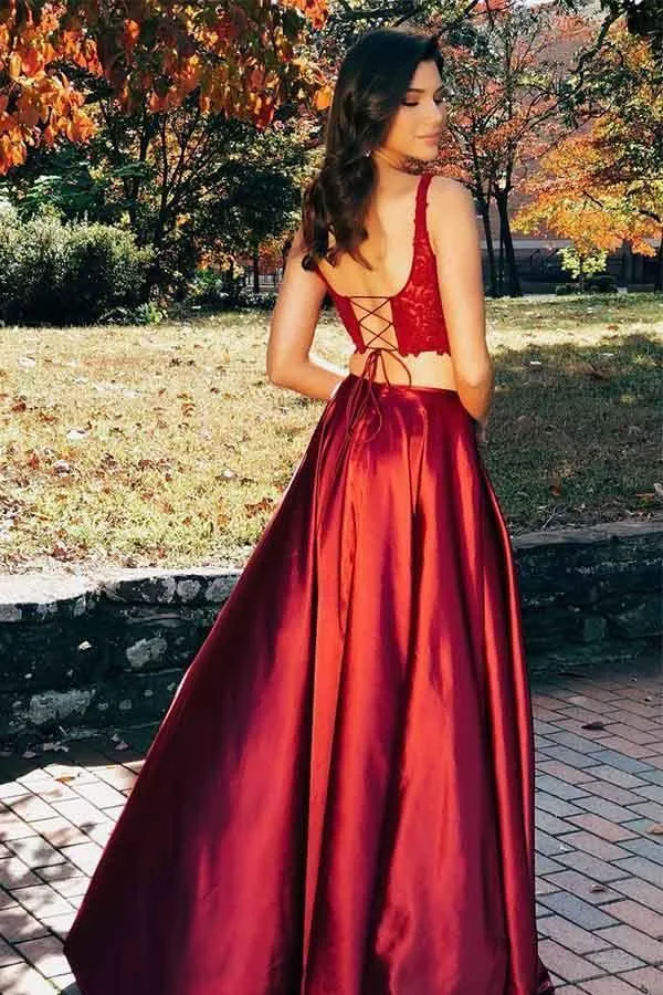 Two Pieces Scoop Sleeveless Burgundy Split Criss Cross Back Prom Dress  PG745