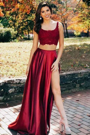 Two Pieces Scoop Sleeveless Burgundy Split Criss Cross Back Prom Dress  PG745