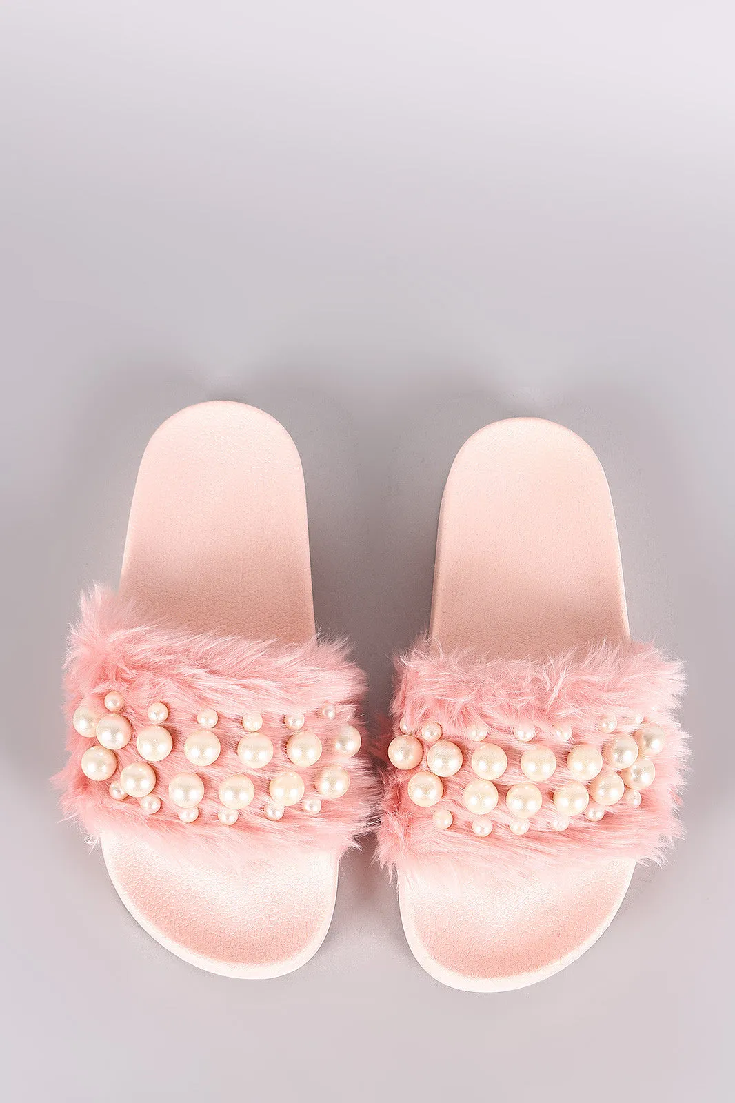 Wild Diva Lounge Faux Pearl Embellished Fur Slide Sandal