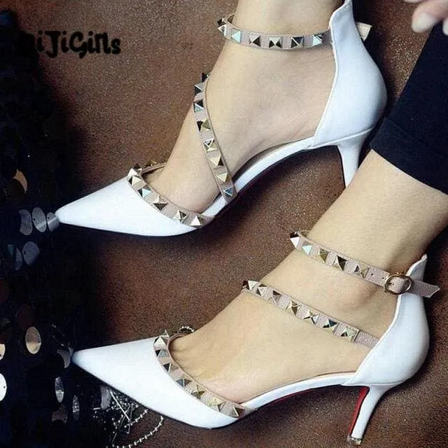 Woman Sexy Pointed Toe Buckle Rivets Nude Heels