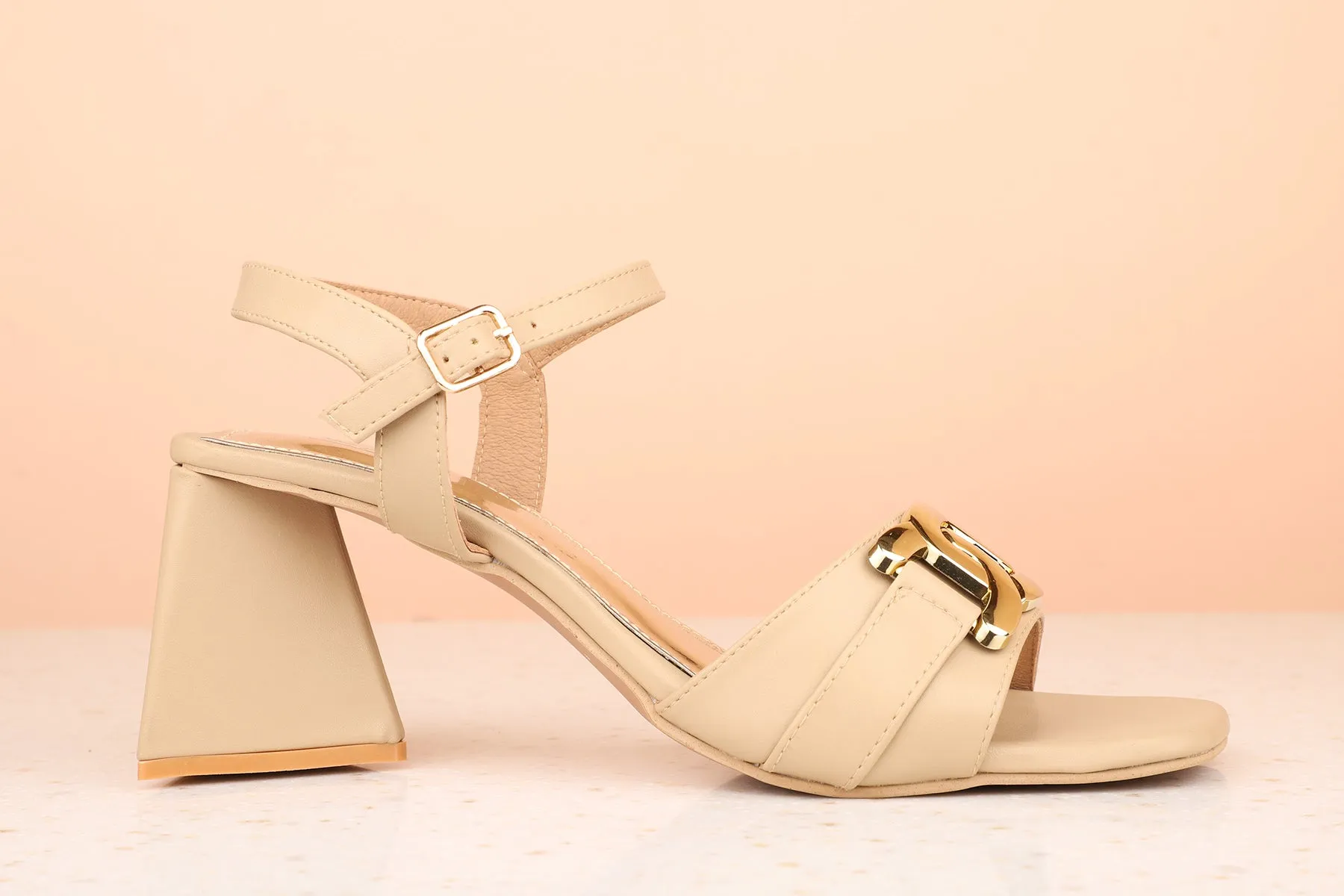 Women Beige Block Heels with Buckles Details