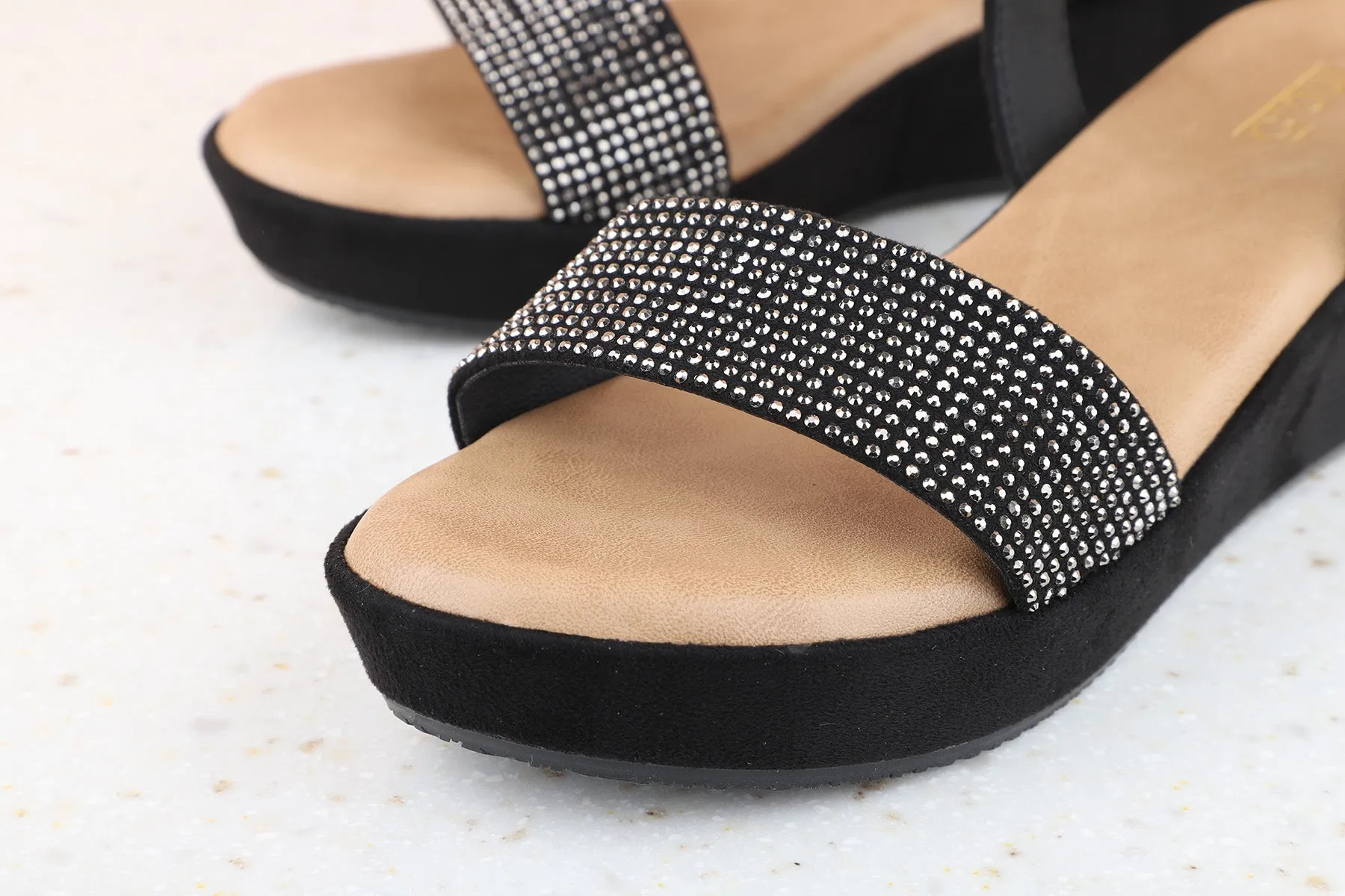 Women Black Embellished Wedges