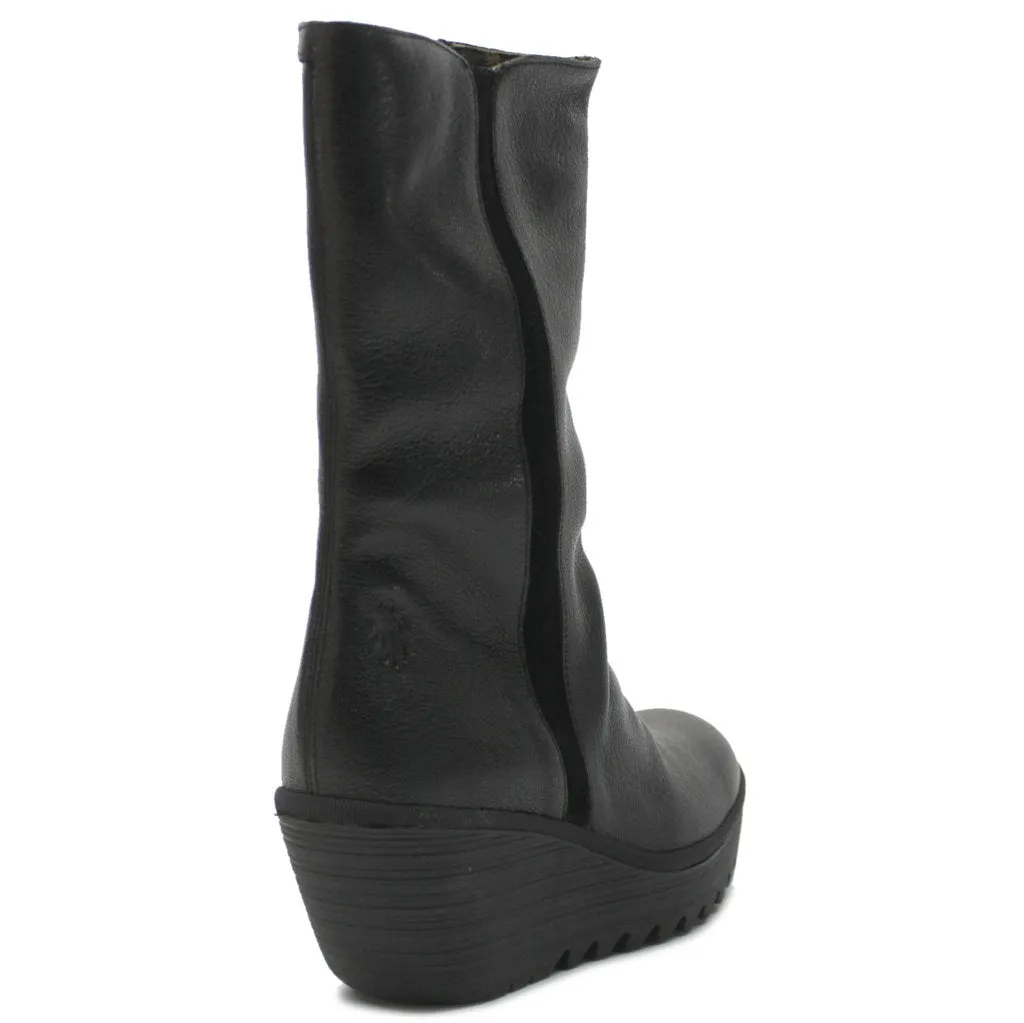 Yemy408Fly Mousse Leather Women's Wedge Heel Mid Calf Boots