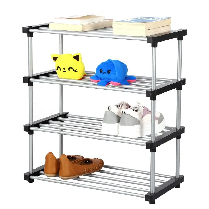 YMRR® Premium Metal Stackable Shoe Rack - 4 Shelf Organizer | Portable & Durable, Easy Assembly | Space-Saving Design - Black